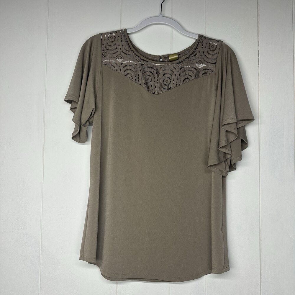 Worthington Women’s Large Tall Brown Lace Yoke Blouse Flutter Sleeve Top